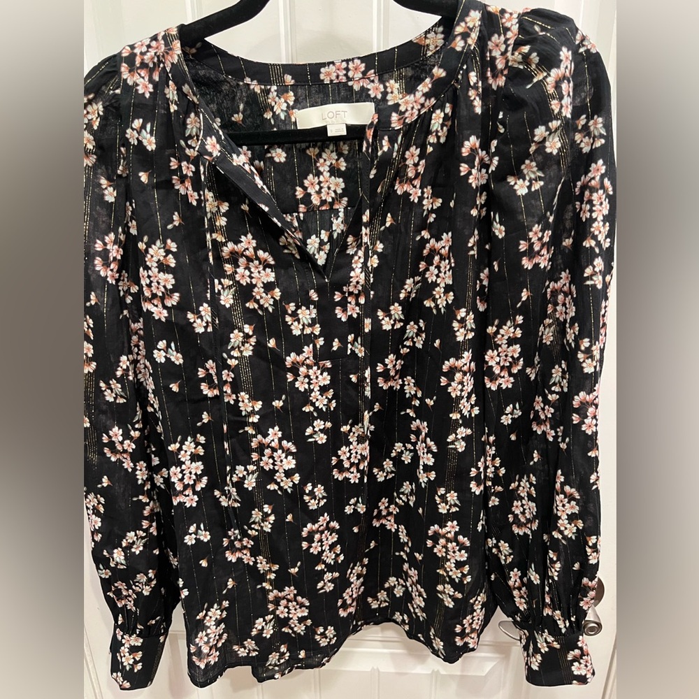 LOFT Black and Pink Floral Blouse